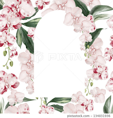 Wedding invitation card with pink orchid flowers and leaves. Wedding invitation card with pink orchid flowers and leaves. 134831936