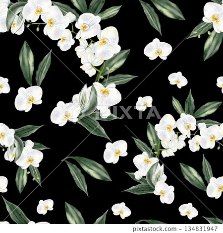 Beautiful seamless pattern with white flowers and green leaves of orchid. 134831947