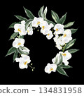 Wedding wreath with white flowers and green orchid leaves. 134831958