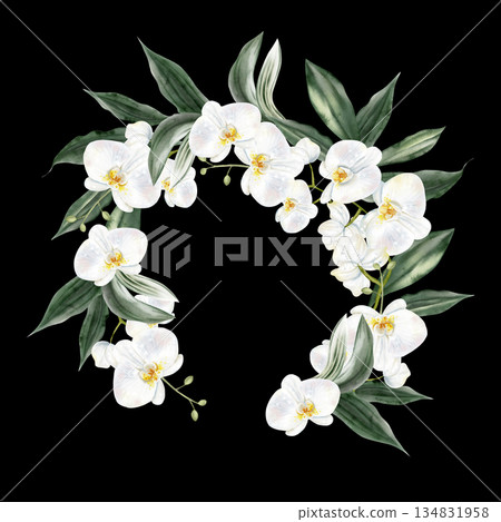 Wedding wreath with white flowers and green orchid leaves. 134831958