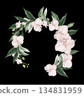 Wedding invitation wreath with pink orchid flowers leaves. 134831959