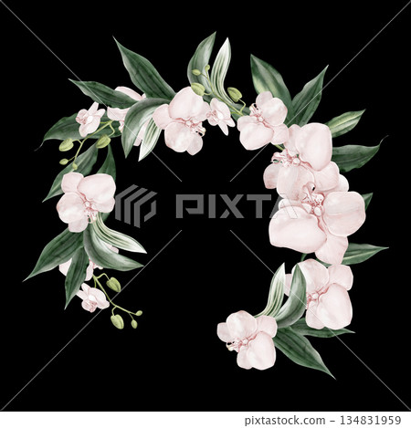 Wedding invitation wreath with pink orchid flowers leaves. 134831959