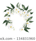 Wedding wreath with white flowers and green orchid leaves. 134831960