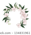 Wedding invitation wreath with pink orchid flowers leaves. 134831961
