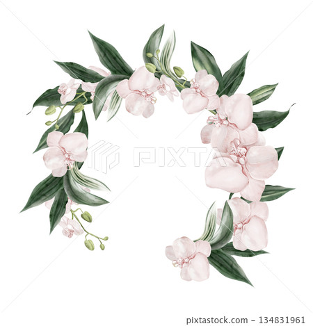 Wedding invitation wreath with pink orchid flowers leaves. 134831961