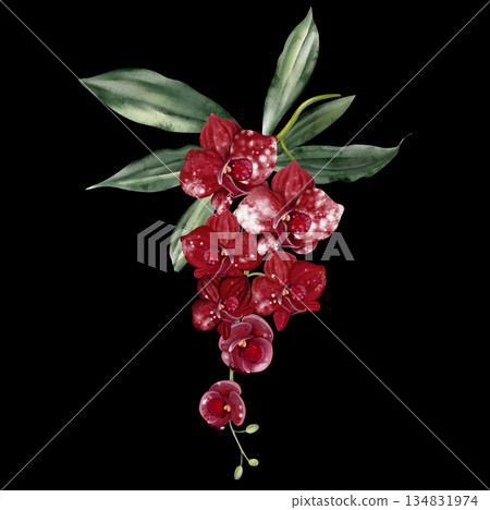 Wedding bouquet with orchid flowers and green leaves. Wedding bouquet with orchid flowers and green leaves. 134831974