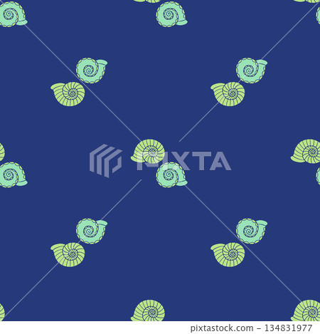 Pastel sea shells coastal seamless pattern on blue background. Hand drawn mollusk repeat wallpaper 134831977