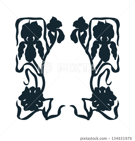 Vintage art nouveau hand drawn monochrome black silhouette iris flower symmetrical frame vector illustration Vintage art nouveau hand drawn monochrome black silhouette iris flower symmetrical frame vector illustration 134831978