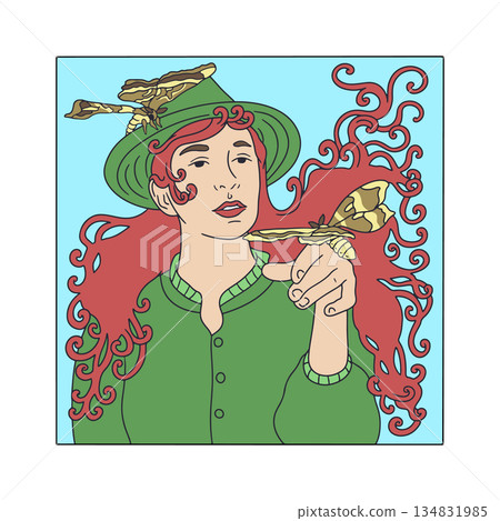 Art nouveau style beautiful long red hair woman and silkmoths. Vintage black ink pretty girl and butterflies poster 134831985