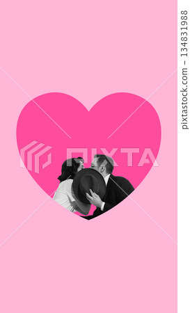 Romantic mixed media of couple kissing inside heart shape. 134831988