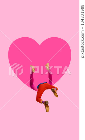 Surreal artwork of upside down man and woman falling into heart. Surreal artwork of upside down man and woman falling into heart. 134831989
