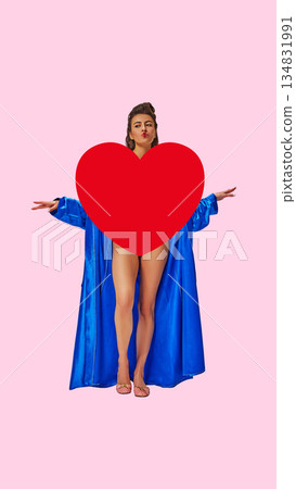 Bold poster of woman hiding body behind red heart symbol. Bold poster of woman hiding body behind red heart symbol. 134831991