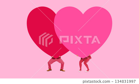 Graphic mixed media with overlapping hearts and couple silhouettes 134831997