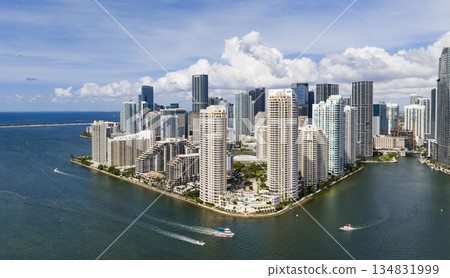 Aerial view of Brickell skyscrapers. Modern cityscape of downtown Miami. Panoramic Miami skyline above the coastline. Brickell Key aerial view in Miami. Aerial view of Brickell skyscrapers. Modern cityscape of downtown Miami. Panoramic Miami skyline above the coastline. Brickell Key aerial view in Miami. 134831999