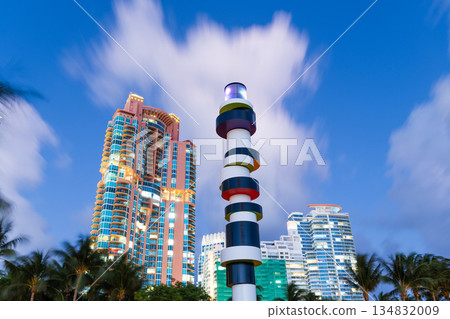 Travel destination. South Pointe Park. Landmark architecture. Lighthouse sculpture. Night city. Urban park in Miami Beach. South beach architecture. Famous monument in South Pointe Park, Florida 134832009