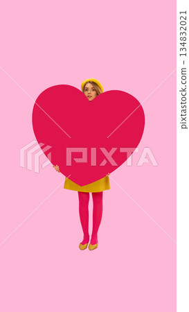 Whimsical collage with woman peeking from heart. Whimsical collage with woman peeking from heart. 134832021