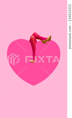 Minimal composition with legs resting on pink heart. 134832022