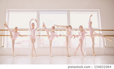 Group of young ballet dancers practicing flexibility exercises at barre. 134832064