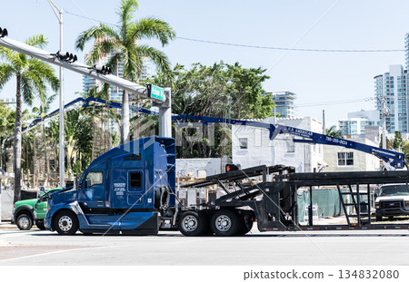 Miami, Florida, USA - June 04, 2024: Stoughton Trailers. Putzmeister truck of concrete pumping semi trailer of Stoughton Trailers outdoor 134832080