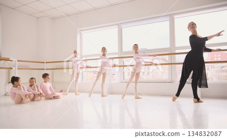 Ballet class with young dancers practicing coordinated positions at barre. Ballet class with young dancers practicing coordinated positions at barre. 134832087
