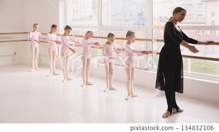 Children ballet class practicing coordinated movements at barre. 134832106