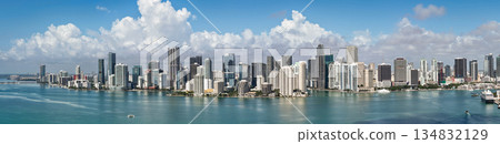 Aerial view of Brickell skyline. Panoramic cityscape of Brickell Miami. Skyscrapers of Brickell. Business towers in Miami. 134832129