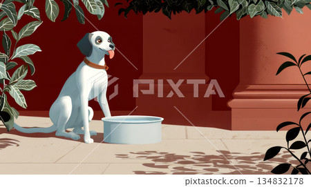 Illustration of a happy dog is sitting and lapping water from a plain, wide bowl, emphasizing crucial hydration during a heatwave. 134832178