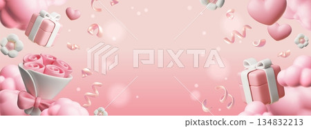 3D banner with a pink background, a bouquet of flowers, a heart, clouds, a gift box, and confetti. 134832213