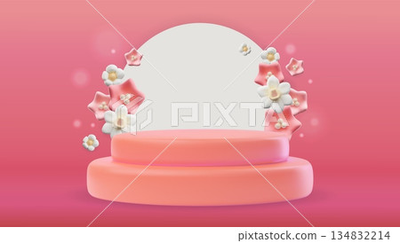 Happy International Women's Day pink background, vector 3D banner spring holiday, podium with flowers and gift boxes 134832214