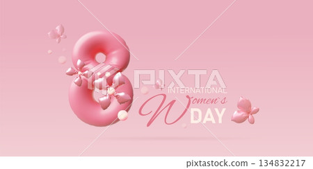 Banner for International Women's Day, with an inflatable number eight, flowers, and butterflies. Banner for International Women's Day, with an inflatable number eight, flowers, and butterflies. 134832217