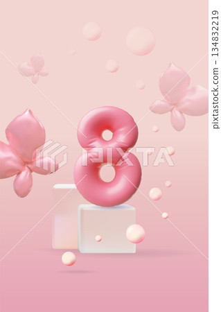 Women's day 3D poster vector design, decorative number 8 March on the podium with butterflies from inflatable balloons Women's day 3D poster vector design, decorative number 8 March on the podium with butterflies from inflatable balloons 134832219