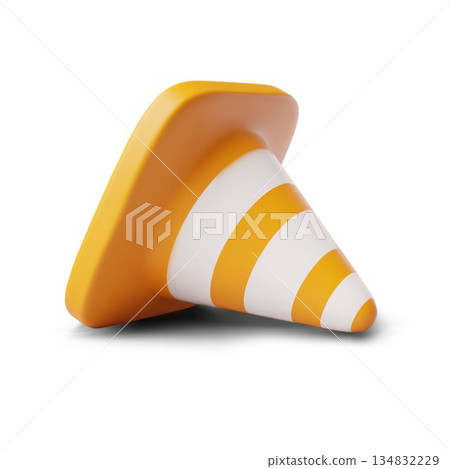 3D traffic cone icon, striped, yellow and white, lying on its side, isolated on a background. 3D traffic cone icon, striped, yellow and white, lying on its side, isolated on a background. 134832229