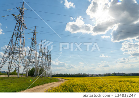 High-voltage electric power lines and massive steel transmission towers High-voltage electric power lines and massive steel transmission towers 134832247