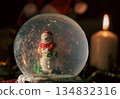 Snow Globe with Snowman and Christmas Tree in Warm Candlelit Holiday Setting 134832316