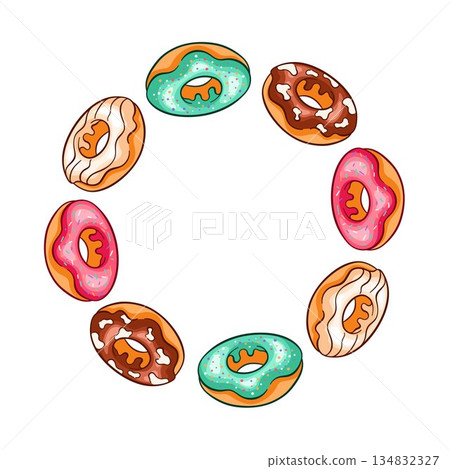 Wreath with assorted donut arranged in a decorative ring on a white background in cartoon style. Wreath with assorted donut arranged in a decorative ring on a white background in cartoon style. 134832327