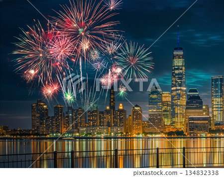 Colorful Fireworks Over Night City Skyline Reflected on Water 134832338