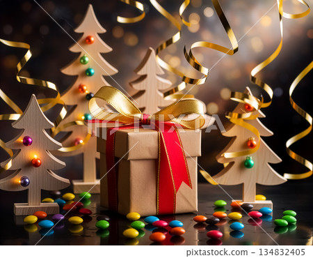 Golden Bow Gift Box Surrounded by Stylized Trees, Candy and Hanging Streamers with Soft Lights 134832405