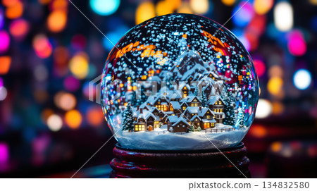 Snow Globe with Snowy Village and Festive Lights Snow Globe with Snowy Village and Festive Lights 134832580