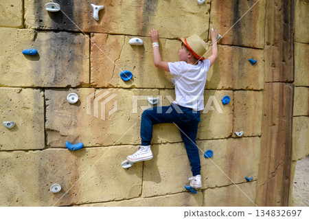 The boy is engaged in rock climbing. Climbing harness safety sports equipment. Rope amusement city park, obstacle course. Kids children's attraction center. High quality photo The boy is engaged in rock climbing. Climbing harness safety sports equipment. Rope amusement city park, obstacle course. Kids children's attraction center. High quality photo 134832697