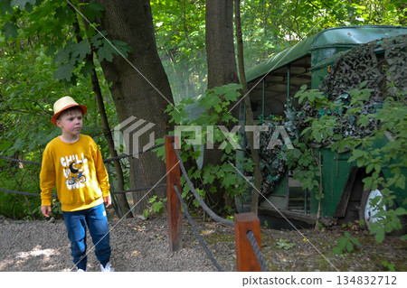 A toddler in a cap and yellow shirt wanders through the forest, surrounded by trees, grass, and terrestrial plants A toddler in a cap and yellow shirt wanders through the forest, surrounded by trees, grass, and terrestrial plants 134832712