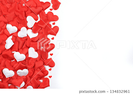 Valentine's day or womens day concept. Greeting card with red hearts, background, banner with place for text, Happy holidays, elements for use in a graphic editor, patern, selective focus 134832961