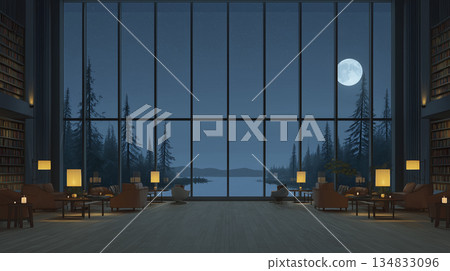 Quiet Library Space With Moonlight, Peaceful Reading Nook With Twilight Glow And Panoramic Pine Scenery 134833096