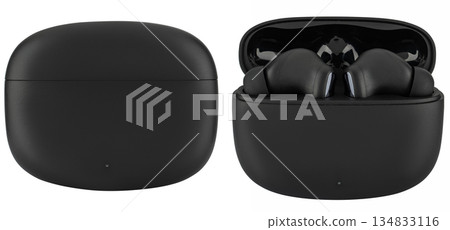Wireless earbuds with ergonomic ear tips in a stylish black case with a charge indicator. Wireless earbuds with ergonomic ear tips in a stylish black case with a charge indicator. 134833116