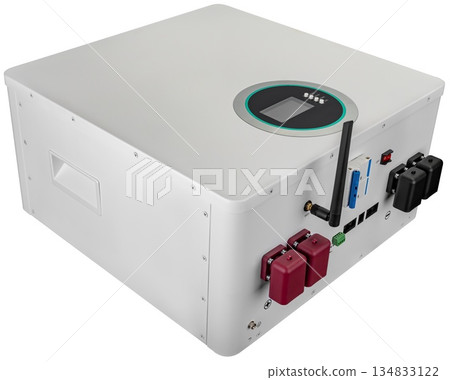 Modern lithium battery with smart BMS and display for solar systems. On a white background Modern lithium battery with smart BMS and display for solar systems. On a white background 134833122