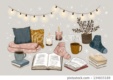 A magical cozy winter hygge vector set for an introvert featuring blankets, pillows, and steaming mugs. 134833189