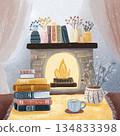 Hand-drawn winter interior element featuring books and a fireplace. Serene atmosphere. 134833398