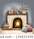 Hand-drawn winter interior element featuring books and a fireplace. Serene atmosphere. 134833399