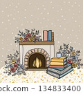 Cozy hygge vector illustration with a fireplace and books on a soft carpet. Warm tones and doodle minimalism create a calm introverted mood. 134833400