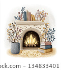 Cozy hygge vector illustration with a fireplace and books on a soft carpet. Warm tones and doodle minimalism create a calm introverted mood. 134833401