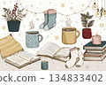 Vector doodle elements: mittens, knitted socks, open books, and blankets. The artwork creates intimate, cozy winter vibes. 134833402